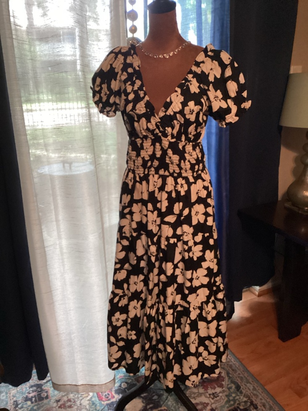 Black and White Floral Maxi Dress with Smocked Waist